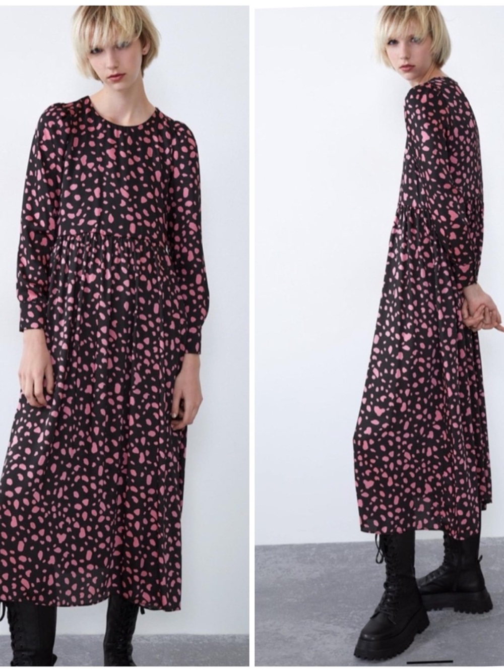 Zara maxi dress black & Pink Printed Long Sleeve matte satin